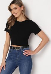 Czarny Krótki T-shirt z Prążkowanej Dzianiny Clutia. Czarne t-shirty damskie Born2be, m, bez wzorów, z dzianiny, bez kołnierzyka, bez ramiączek. Za 54.99 zł.