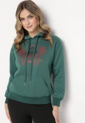 Zielona Bluza z Kapturem i Nadrukiem oraz Ściągaczami Apperforda. Zielone bluzy damskie Born2be, l, bez wzorów, z polaru, casualowe, bez ramiączek, z kapturem. Za 84.99 zł.
