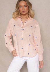 Różowa Bawełniana Koszula w Serca Elearose. Czerwone koszule damskie Renee, l, bez wzorów, z bawełny, eleganckie, bez kołnierzyka, bez ramiączek. Za 49.99 zł.