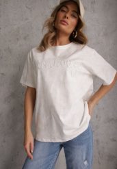 Biały Oversizowy T-shirt z Bawełny Zdobiony Haftem z Cekinami Marivia. Białe t-shirty damskie Renee, l, z aplikacjami, z bawełny, eleganckie, bez kołnierzyka, bez ramiączek. Za 59.99 zł.