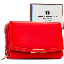 Czerwony portfel damski ze skóry ekologicznej zamykany na zatrzask i suwak - Peterson. Czerwone portfele damskie Peterson, ze skóry ekologicznej. Za 94.99 zł.