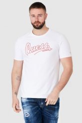 GUESS Biały t-shirt męski beachwear. Białe t-shirty męskie Guess, m, z aplikacjami, bez kołnierzyka, bez ramiączek. W wyprzedaży za 119.99 zł.