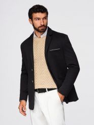 Dzianinowa marynarka męska o dopasowany kroju - czarna V5 - Rozmiar: XL. Czarne marynarki męskie Ombre Clothing, m, bez wzorów, z dzianiny, biznesowe, bez kołnierzyka, bez ramiączek. W wyprzedaży za 314.99 zł.