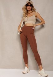 Brązowe Legginsy High Waist z Gumką w Pasie Cloen. Brązowe legginsy damskie Renee, bez wzorów, z jeansu. Za 24.99 zł.
