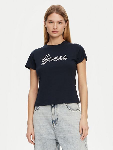 Guess T-Shirt V5GI02 K9RM1 Granatowy Slim Fit. Niebieskie t-shirty damskie Guess, s, z aplikacjami, z bawełny, bez kołnierzyka, bez ramiączek. Za 79.99 zł.