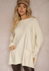 Jasnobeżowy Sweter z Wiskozą o Klasycznym Fasonie z Kieszonkami i Rozcięciami Nariselle. Brązowe swetry nierozpinane damskie Renee, xl, bez wzorów, z dzianiny, biznesowe, bez kołnierzyka, bez ramiączek. Za 59.99 zł.