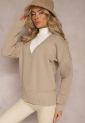 Beżowa Bawełniana Bluza z Trójkątnym Dekoltem Hydralia. Brązowe bluzy damskie Renee, bez wzorów, z bawełny, casualowe, bez ramiączek, bez kaptura. Za 84.99 zł.