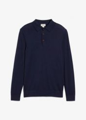 Cienki sweter z kołnierzykiem polo z domieszką wysokogatunkowej wełny merino, slim fit. Niebieskie swetry męskie bonprix, m, bez wzorów, z wełny, bez kołnierzyka, bez ramiączek. Za 149.99 zł.