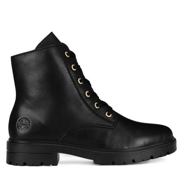 Botki Rieker. Czarne botki damskie Rieker, bez wzorów, bez obcasa, na płaskiej podeszwie, bez zapięcia. Za 335.00 zł.