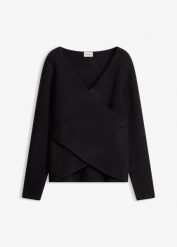 Sweter kopertowy. Czarne swetry nierozpinane damskie bonprix, bez wzorów, bez kołnierzyka, bez ramiączek. Za 129.99 zł.