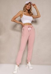 Różowe Spodnie Dresowe z Bawełny o Kroju Jogger High Waist Cherisa. Czerwone spodnie dresowe damskie Renee, bez wzorów, z bawełny, eleganckie, z podwyższonym stanem. Za 49.99 zł.