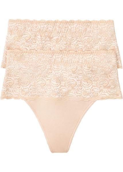 Stringi o średnim stopniu modelowania sylwetki (2 pary). Brązowe majtki damskie bonprix, z koronki. Za 72.99 zł.
