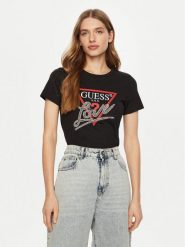 Guess T-Shirt W5RI10 I3Z14 Czarny Regular Fit. Czarne t-shirty damskie Guess, xs, z aplikacjami, z bawełny, bez kołnierzyka, bez ramiączek. Za 119.99 zł.