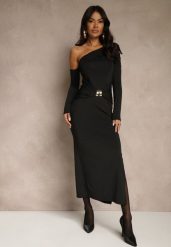 Czarna Sukienka z Wiskozą Aplikacją Marszczeniem i Wywiniętym Dekoltem Reilenna. Czarne sukienki damskie Renee, m, z aplikacjami, z wiskozy, wizytowe, bez kołnierzyka, bez ramiączek. Za 159.99 zł.