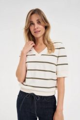 Bluza w paski z krótkimi rękawami ecru. Bluzy damskie MOODO, l, bez wzorów, z bawełny, bez ramiączek, bez kaptura. Za 89.99 zł.