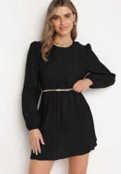 Czarna Rozkloszowana Sukienka z Gumką w Pasie i Długim Rękawem Biasha. Czarne sukienki damskie Born2be, na co dzień, m, bez wzorów, eleganckie, bez kołnierzyka, bez ramiączek, mini, dopasowane. Za 99.99 zł.