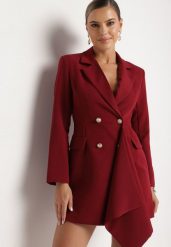 Bordowa Taliowana Sukienka o Kroju Marynarki z Mini Trenem Besista. Czerwone sukienki damskie Born2be, m, z aplikacjami, eleganckie, bez kołnierzyka, bez ramiączek, mini. Za 139.99 zł.