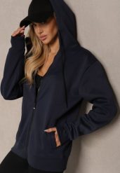 Granatowa Zasuwana Bluza Sportowo-Casualowa z Kapturem Vamisza. Niebieskie bluzy damskie Renee, l, bez wzorów, z jeansu, eleganckie, bez ramiączek, z kapturem. Za 69.99 zł.