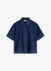 Bluzka z ażurowym haftem. Białe bluzki damskie bonprix, w ażurowe wzory, eleganckie, bez kołnierzyka, bez ramiączek. Za 139.99 zł.