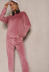 Ciemnoróżowy Komplet Dresowy z Welurowej Tkaniny Bluza i Joggery Lisarilia. Czerwone bluzy damskie Renee, l, bez wzorów, z dresówki, eleganckie, bez ramiączek, bez kaptura. Za 79.99 zł.