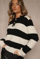 Czarny Pasiasty Sweter z Dodatkiem Wełny z Kołnierzykiem i Guzikami Tiarresa. Czarne swetry nierozpinane damskie Renee, bez wzorów, z jeansu, casualowe, bez kołnierzyka, bez ramiączek. Za 159.99 zł.