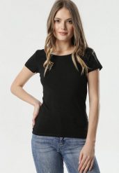 Czarny T-shirt Gathanthei. Czarne t-shirty damskie Born2be, l, bez wzorów, z bawełny, klasyczne, bez kołnierzyka, bez ramiączek. Za 29.99 zł.
