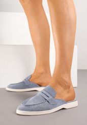 Niebieskie Klapki Typu Mule z Przeszyciami Firavone. Niebieskie klapki damskie Born2be, na lato, bez wzorów, z jeansu, eleganckie, bez obcasa, na płaskiej podeszwie, bez zapięcia. W wyprzedaży za 55.99 zł.