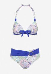 Granatowo-Beżowe Bikini z Ozdobnym Wzorem i Paskiem z Klamrą na Figach Uptella. Niebieskie bikini Born2be, bez wzorów. Za 39.99 zł.