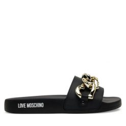 Klapki LOVE MOSCHINO. Czarne klapki damskie Love Moschino, bez wzorów, bez obcasa, bez zapięcia. Za 699.99 zł.