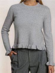 Sweter z ozdobnymi falbanami z domieszką wełny - szary. Szare swetry nierozpinane damskie Sinsay, l, bez wzorów, z wełny, bez kołnierzyka, bez ramiączek. Za 59.99 zł.