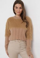 Brązowy Sweter o Klasycznym Kroju z Puchatego Materiału Hellende. Brązowe swetry nierozpinane damskie Born2be, z aplikacjami, klasyczne, bez kołnierzyka, bez ramiączek. Za 89.99 zł.