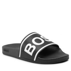 Klapki BOSS. Czarne klapki damskie Boss, bez wzorów, bez obcasa, bez zapięcia. Za 179.99 zł.