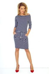 Sukienka w Gęste Granatowe Paseczki Ściągana w Pasie. Sukienki damskie Numoco, xs, bez wzorów, z dzianiny, bez kołnierzyka, bez ramiączek. Za 179.90 zł.