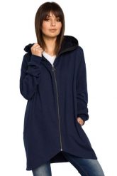 Asymetryczna Bluza z Kapturem - Granatowa. Brązowe bluzy damskie MOE, l, bez wzorów, z bawełny, bez ramiączek, z kapturem. Za 269.90 zł.