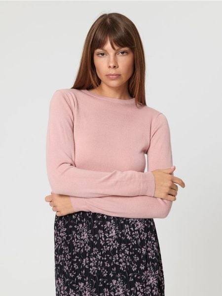 Sweter z miękkiej dzianiny - różowy. Czerwone swetry nierozpinane damskie Sinsay, l, bez wzorów, z dzianiny, klasyczne, bez kołnierzyka, bez ramiączek. Za 29.99 zł.