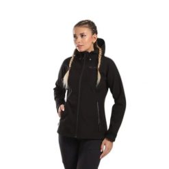 Damska kurtka softshellowa Kilpi RAVIA-W. Czarne kurtki sportowe damskie Kilpi, bez wzorów, z materiału, bez ramiączek, bez kaptura, trekkingowe. Za 292.95 zł.