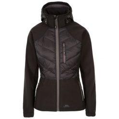 Kurtka Damska Elvira Soft Shell. Czarne kurtki sportowe damskie Trespass, m, bez wzorów, z elastanu, bez ramiączek, z kapturem, trekkingowe. Za 218.99 zł.