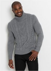 Sweter z golfem, w warkocze. Szare swetry męskie bonprix, l, bez wzorów, bez kołnierzyka, bez ramiączek. Za 109.99 zł.