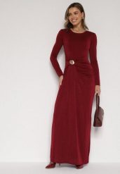 Bordowa Taliowana Sukienka o Eleganckim Kroju z Marszczeniem i Aplikacją Sewedina. Czerwone sukienki damskie Born2be, na imprezę, s, z aplikacjami, z futra, eleganckie, bez kołnierzyka, bez ramiączek, maxi, dopasowane. Za 159.99 zł.