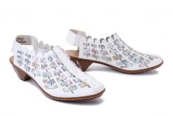 RIEKER 46778-80 white combination, sandały damskie. Białe sandały damskie Rieker, bez wzorów, bez obcasa, na obcasie, bez zapięcia. Za 244.93 zł.