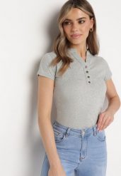Szary T-shirt Koszulka z Bawełny z Metalicznymi Guzikami Cariena. Szare bluzki damskie Born2be, m, bez wzorów, z bawełny, bez kołnierzyka, bez ramiączek. Za 39.99 zł.