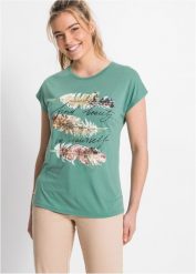 T-shirt z brokatowym nadrukiem. Zielone t-shirty damskie bonprix, bez wzorów, bez kołnierzyka, bez ramiączek. Za 67.99 zł.
