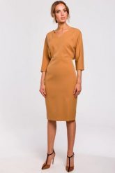 Sukienka elegancka ołówkowa zbluzowana góra i dekolt V brązowa. Brązowe sukienki damskie Sukienki.shop, do pracy, xxl, bez wzorów, biznesowe, bez kołnierzyka, bez ramiączek, ołówkowe. W wyprzedaży za 160.00 zł.