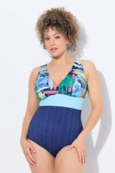 Damski Strój kąpielowy okrągły dekolt miękkie miseczki z recyklingu. Niebieskie stroje kąpielowe damskie Ulla Popken, plus size, bez wzorów, z elastanu. Za 215.99 zł.
