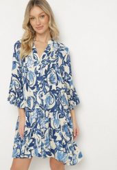 Niebieska Sukienka o Rozkloszowanym Kroju z Falbanami w Kwiatowy Wzór Ridivanna. Niebieskie sukienki damskie Born2be, na co dzień, l, bez wzorów, eleganckie, bez kołnierzyka, bez ramiączek, midi, rozkloszowane. Za 129.99 zł.
