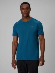 4F Koszulka trekkingowa z wełną merino męska - turkusowa L. Niebieskie t-shirty męskie 4F, l, bez wzorów, z wełny, bez kołnierzyka, bez ramiączek. Za 199.99 zł.