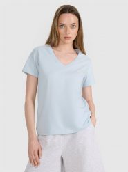 4F T-shirt oversize gładki damski - niebieski S. Niebieskie t-shirty damskie 4F, s, bez wzorów, z bawełny, klasyczne, bez kołnierzyka, bez ramiączek. W wyprzedaży za 39.99 zł.
