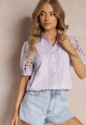 Fioletowa Koszula z Ozdobnym Kołnierzem i Rękawami z Koronkowymi Wstawkami Brixta. Fioletowe koszule damskie Renee, m, bez wzorów, z jeansu, eleganckie, bez kołnierzyka, bez ramiączek. Za 99.99 zł.