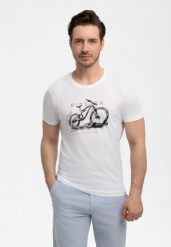 T-shirt z printem roweru T-RIDEON. Białe t-shirty męskie Volcano, m, bez wzorów, z bawełny, bez kołnierzyka, bez ramiączek. Za 59.99 zł.