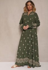 Ciemnozielona Rozkloszowana Sukienka Ozdobiona Haftem i Wzorem Boho Ronavere. Zielone sukienki damskie Renee, na co dzień, na lato, l, bez wzorów, boho, bez kołnierzyka, bez ramiączek, maxi, kopertowe. Za 159.99 zł.
